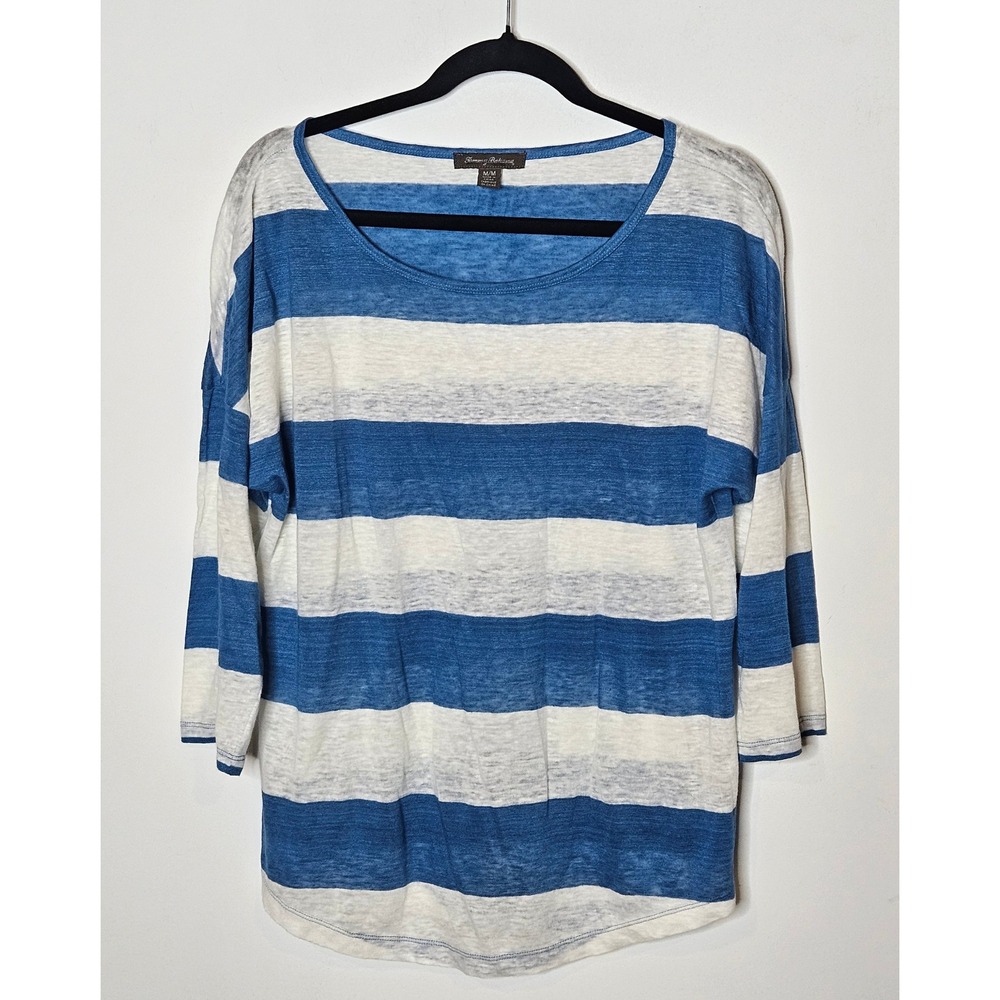 Tommy Bahama Linen Striped 3/4 Sleeve Top Blue White Relaxed Casual‎ Womens Med